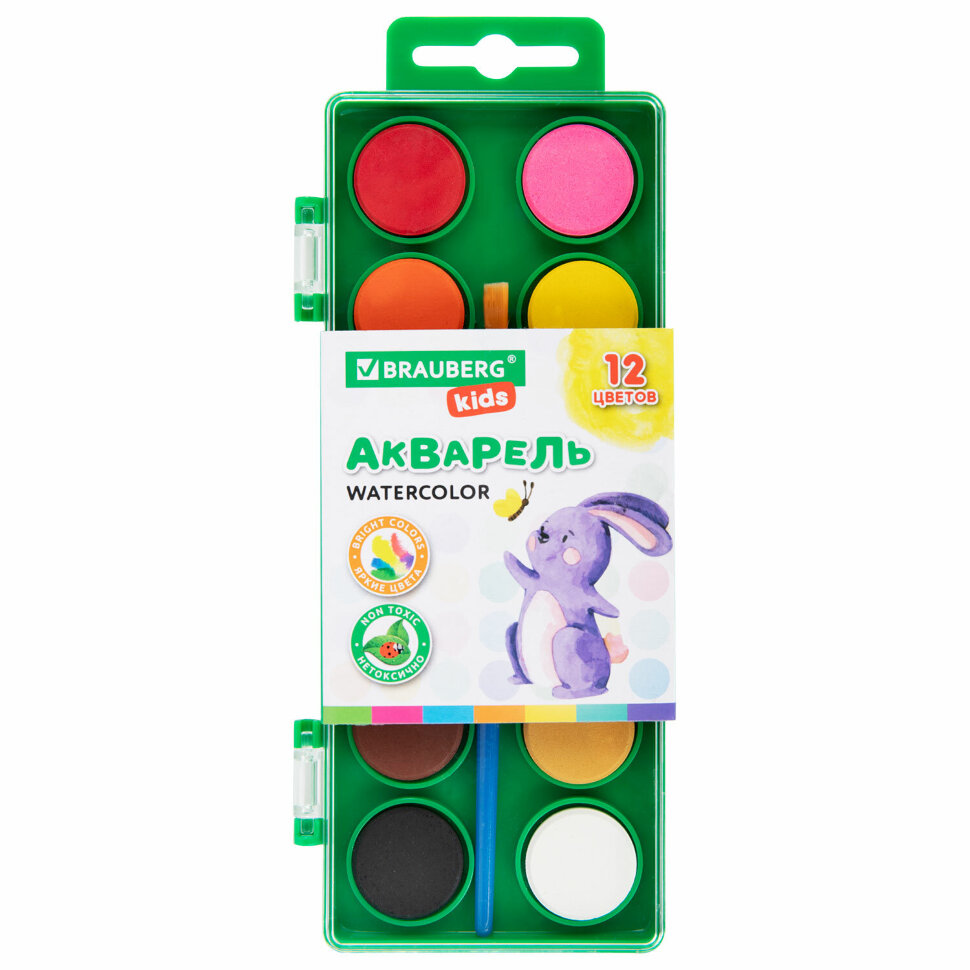 Краски акварельные BRAUBERG KIDS, 12 ярких цветов, круглые кюветы, пластиковый пенал, 191806, 191806