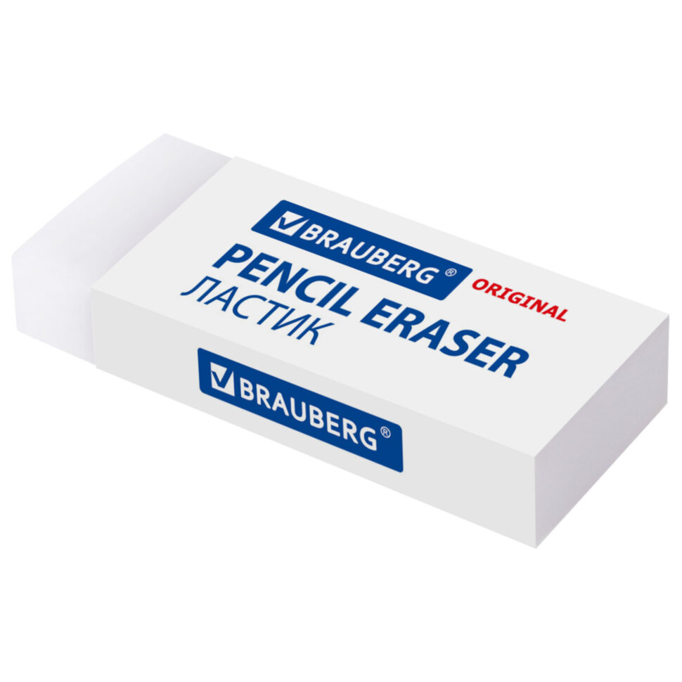 Ластик большой BRAUBERG EXTRA, 60х24х11 мм, белый, прямоугольный, экологичный ПВХ, картонный держатель, 228074, 228074