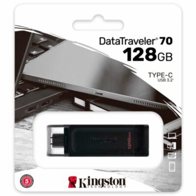 Флеш-диск 128 GB KINGSTON DataTraveler 70, разъем Type-C 3.2, черный, DT70/128GB, 514065