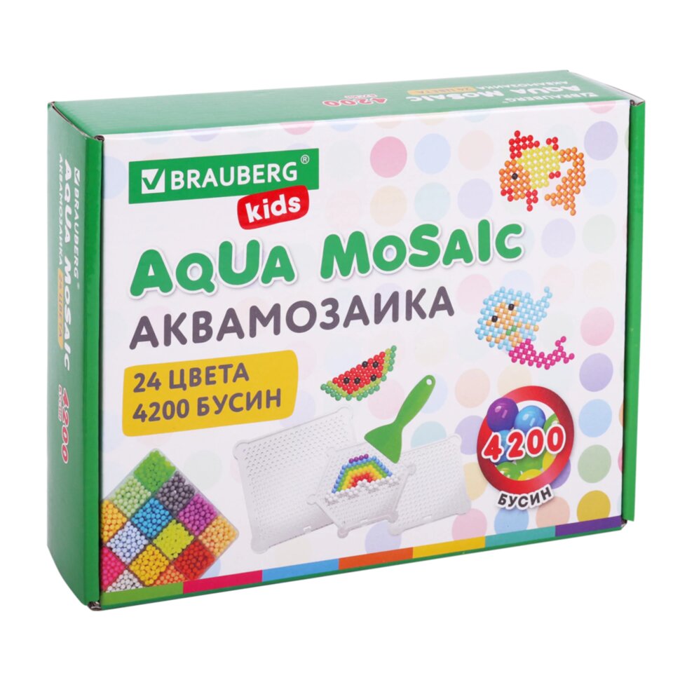 Аквамозаика 24 цвета 4200 бусин, с трафаретами, инструментами и аксессуарами, BRAUBERG KIDS, 664916, 664916