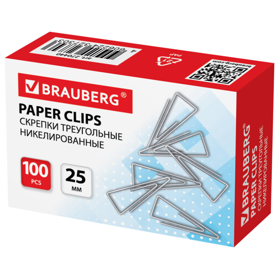 Скрепки BRAUBERG, 25 мм, никелированные, треугольные, 100 шт., в картонной коробке, 270440, 270440