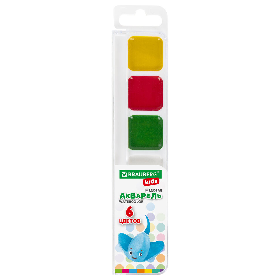Краски акварельные BRAUBERG KIDS, медовые, 6 цветов, квадратные кюветы, пластиковый пенал, 192281, 192281