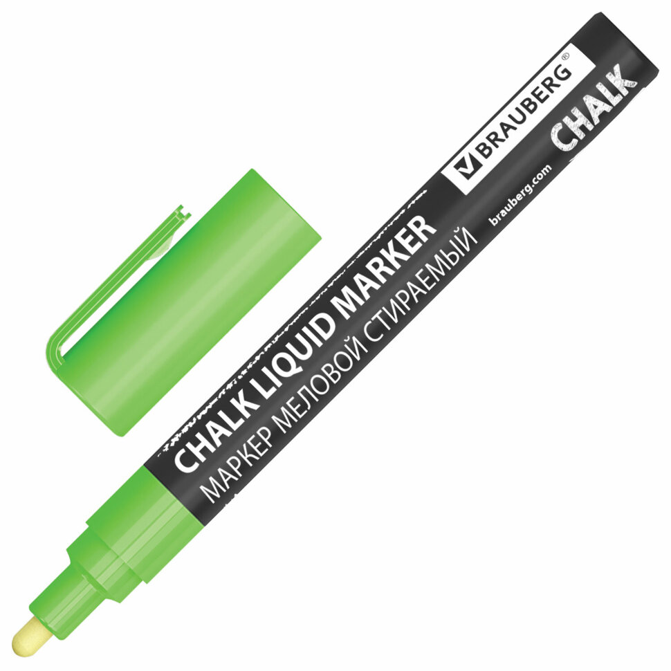 Маркер меловой CHALK LIQUID MARKER, ЗЕЛЕНЫЙ, 3 мм, стираемый, BRAUBERG "CHALK", 152587, 152587