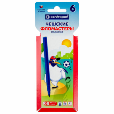 Фломастеры 6 ЦВЕТОВ CENTROPEN "Пингвины", смываемые, вентилируемый колпачок, 7790/6ET, 7 7790 0686, 150054