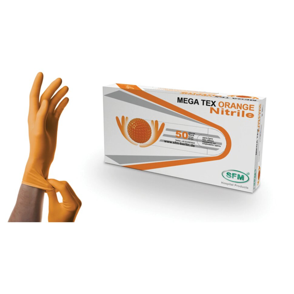 Перчатки нитриловые сверхпрочные с текстурой SFM MEGA TEX ORANGE, Германия, 25 пар (50 штук), размер L (большой), 4036534914205, 702145