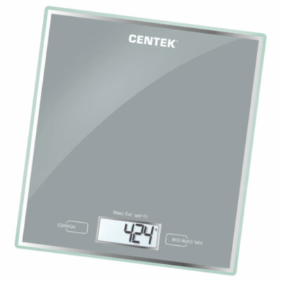 Весы кухонные CENTEK CT-2462 SILVER, электронный дисплей, max вес 5 кг, тарокомпенсация, стекло, CT-2462 Silver, 457572