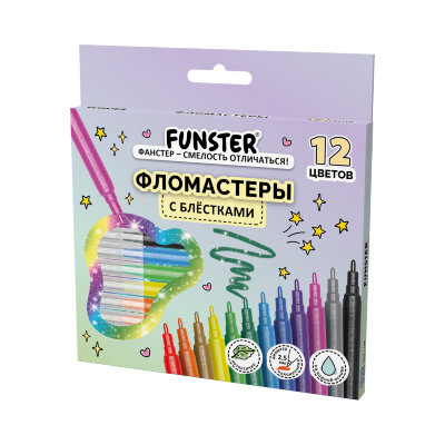 Фломастеры с блестками FUNSTER (ФАНСТЕР) "GLITTER" 12 цветов, ударопрочный наконечник, 152629, 152629