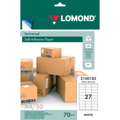 Этикетка самоклеящаяся 70х32 мм, 27 этикеток, белая, 70 г/м2, 50 листов, LOMOND, 2100185, 123710