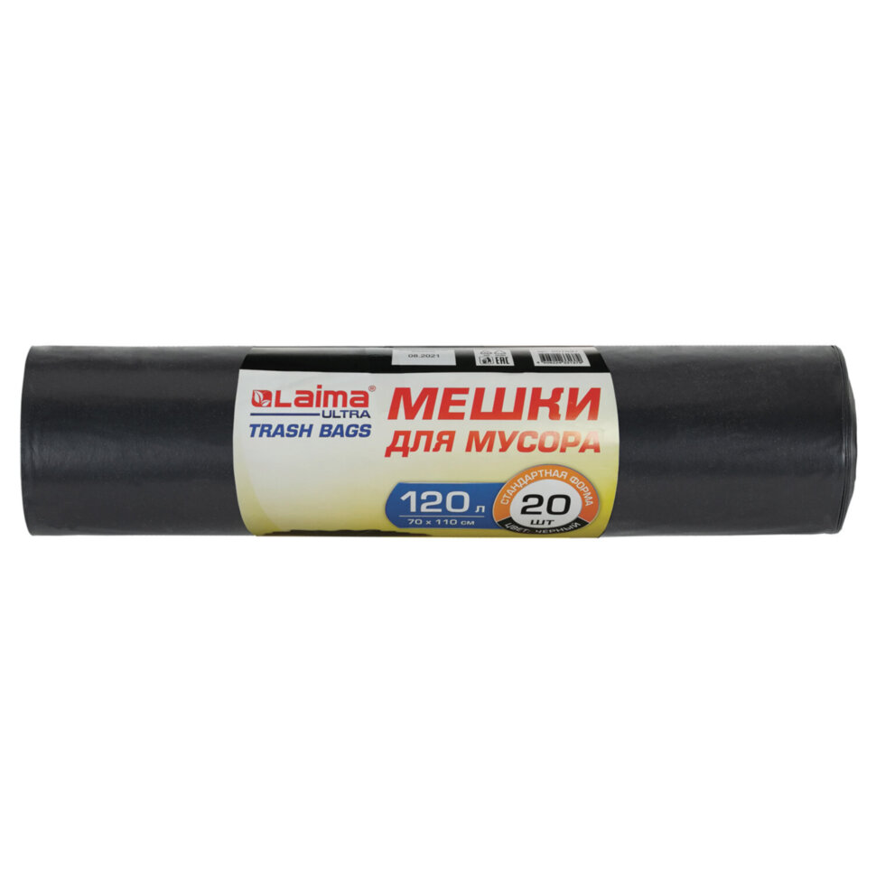 Мешки для мусора LAIMA "ULTRA" 120 л, черные, рулон 20 шт., сверхпрочные, ПСД 60 мкм, 70х110 см, 607697, 607697