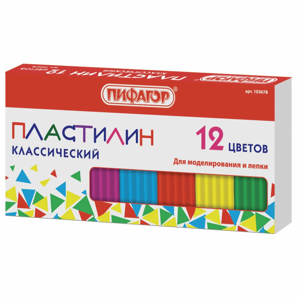 Пластилин классический ПИФАГОР, 12 цветов, 120 г, картонная упаковка, 103678, 103678