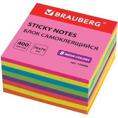 Блок самоклеящийся (стикеры), BRAUBERG, НЕОНОВЫЙ, 76х76 мм, 400 листов, 8 цветов, 126686, 126686