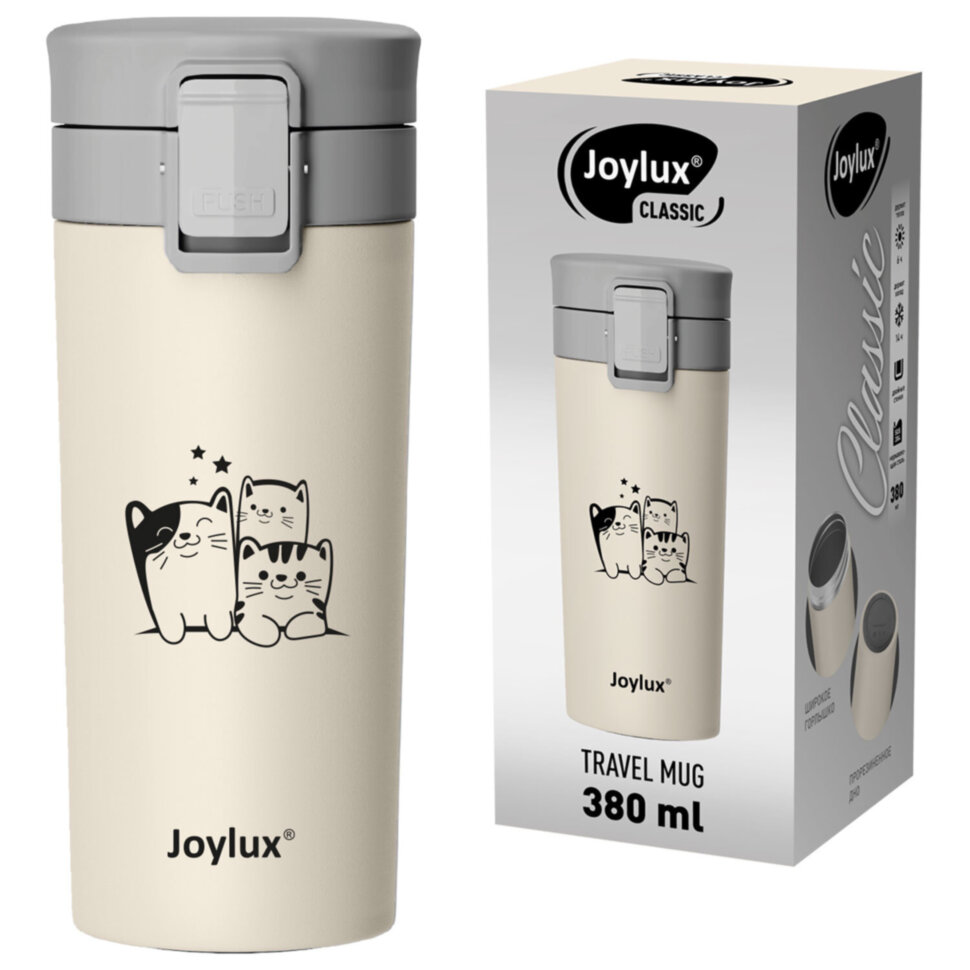 Термокружка 380 мл JOYLUX (ДЖОЙЛЮКС) CLASSIC CAT, нержавеющая сталь SUS304, бежевый с принтом, 700272, 700272