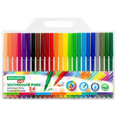 Фломастеры BRAUBERG KIDS КЛАССИЧЕСКИЕ 24 цвета, вентилируемый колпачок, ПВХ-упаковка, 152602, 152602