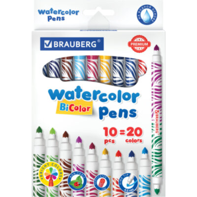 Фломастеры двусторонние утолщенные BRAUBERG "PREMIUM" "BI-COLOR", 10 шт., 20 цветов, двухцветные, вентилируемый колпачок, 151945, 151945