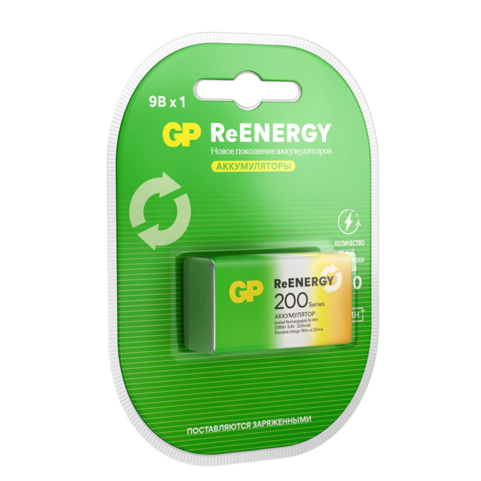 Батарейка аккумуляторная GP ReEnergy Ni-Mh 1 шт., "Крона" (20R8H 9V), 200 mAh, 20R8HRGY-2CRCB1, 458458