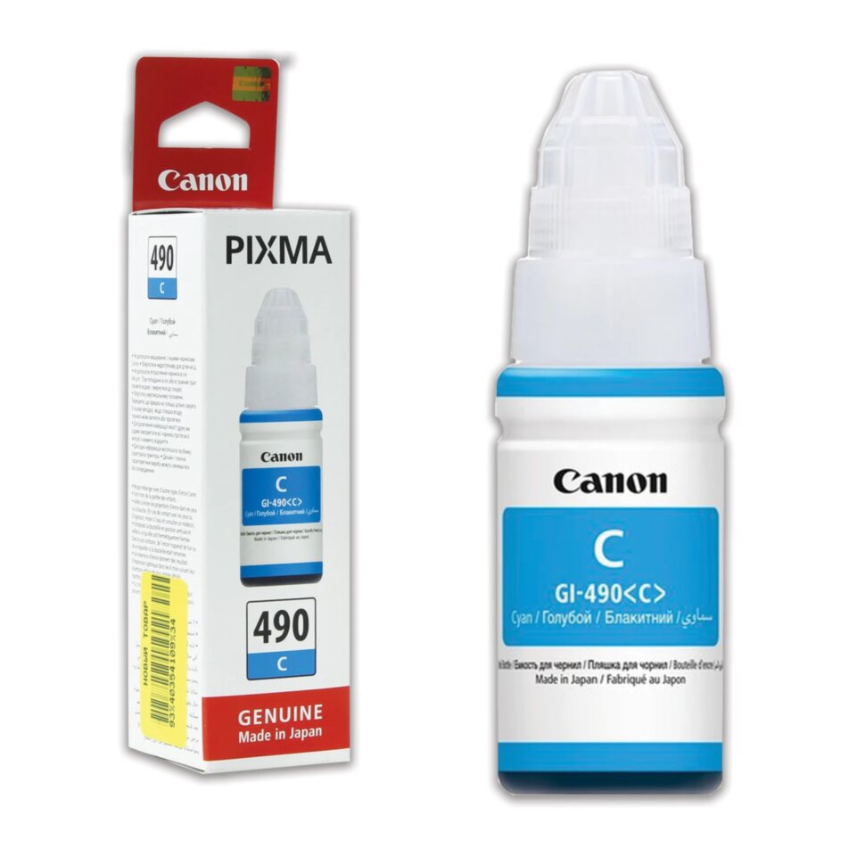 Чернила CANON (GI-490С) для СНПЧ Pixma G1400\G2400\G3400, голубые, ресурс 7000 стр., оригинальные, 0664C001, 362229
