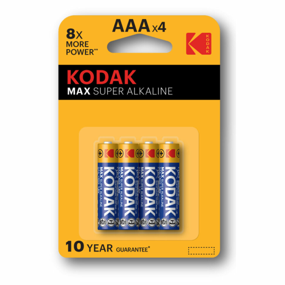 Батарейки алкалиновые "мизинчиковые" КОМПЛЕКТ 4 шт., KODAK Max Super Alkaline, ААА (LR03,15А), блистер, Б0005124, 457378