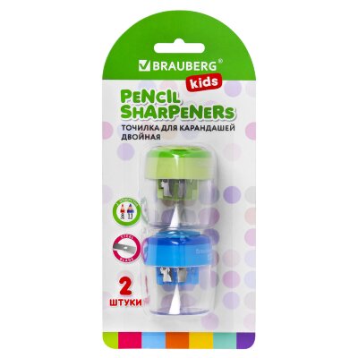 Точилки BRAUBERG KIDS "MAXI", 2 ШТУКИ, 2 отверстия, с большим контейнером, трехгранный корпус, цвета ассорти, блистер, 271947, 271947