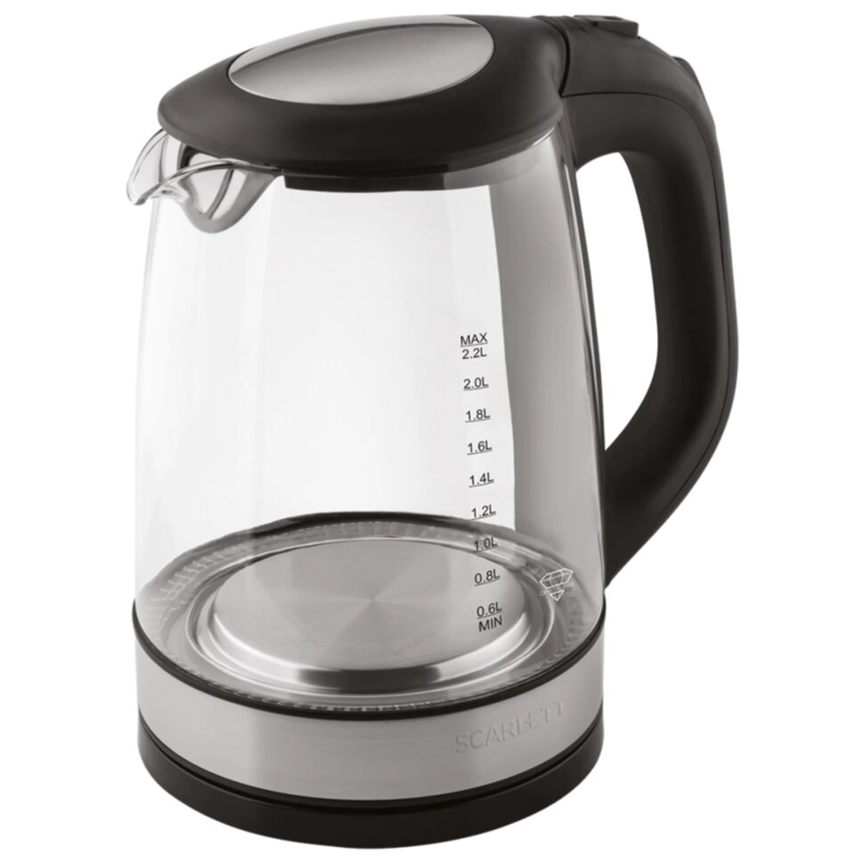 Чайник SCARLETT SC-EK27G19, 2,2 л, 2200 Вт, закрытый нагревательный элемент, стекло, черный, 453674