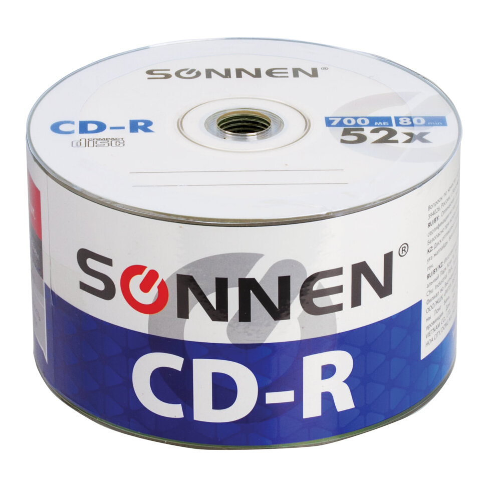 Диски CD-R SONNEN 700 Mb 52x Bulk (термоусадка без шпиля), КОМПЛЕКТ 50 шт., 512571, 512571