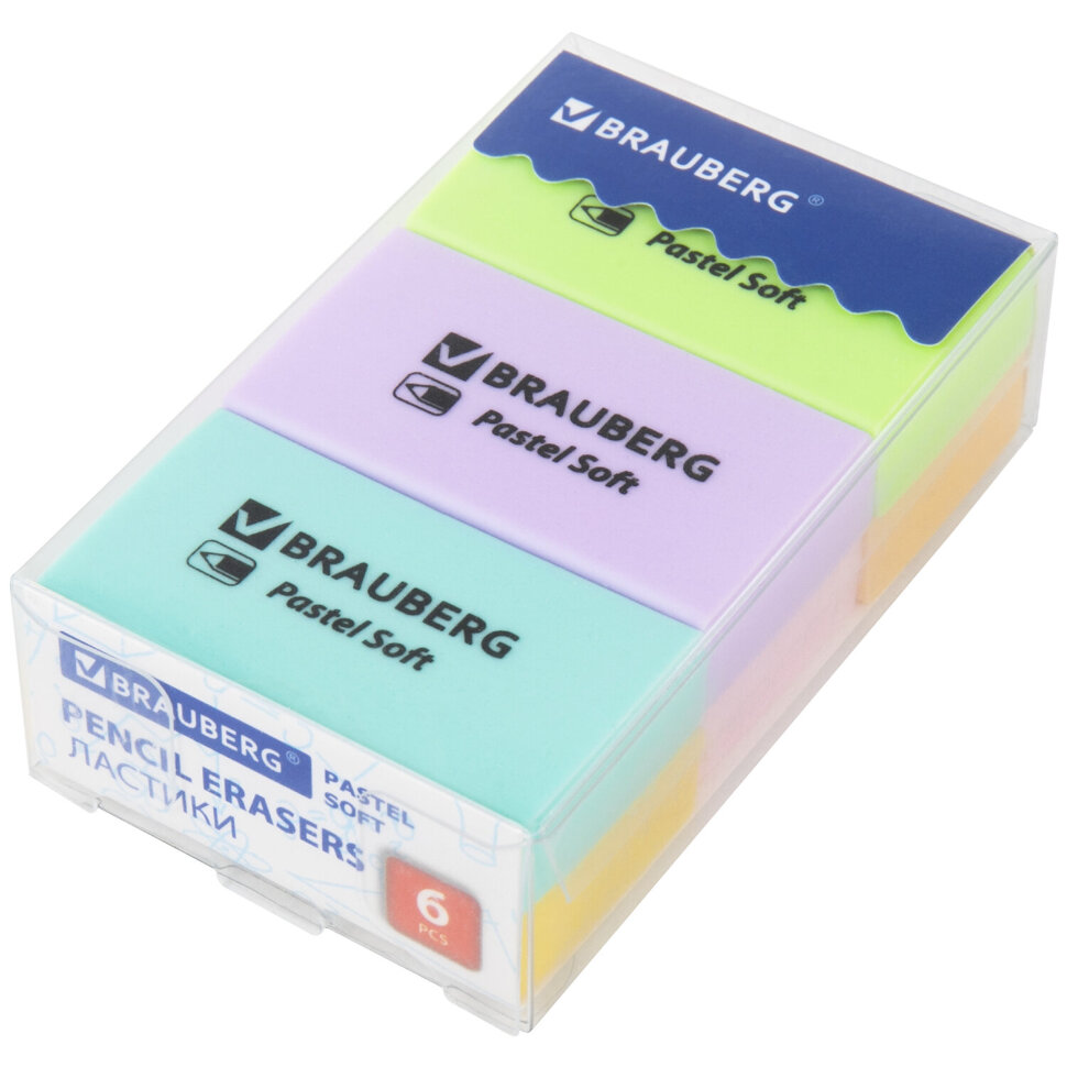 Ластики BRAUBERG PASTEL SOFT НАБОР 6 шт., размер ластика 45х25х10 мм, экологичный ПВХ, 271340, 271340