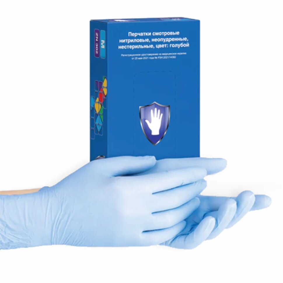 Перчатки нитриловые смотровые 50 пар (100 шт.), голубые, SAFE&CARE ZN302, размер M (средний), ЧЗ, 631600