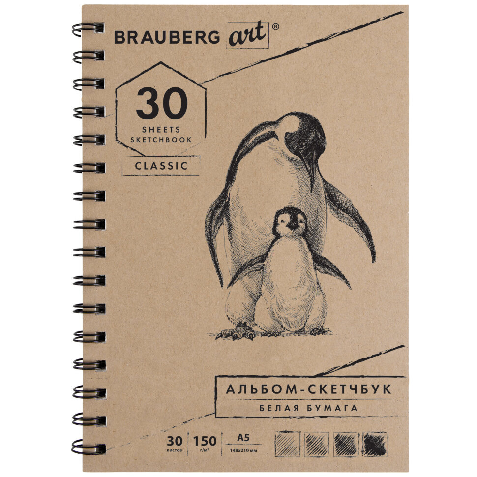 Скетчбук, белая бумага 150 г/м2, 148х210 мм, 30 л., гребень, BRAUBERG ART CLASSIC, 128950, 128950