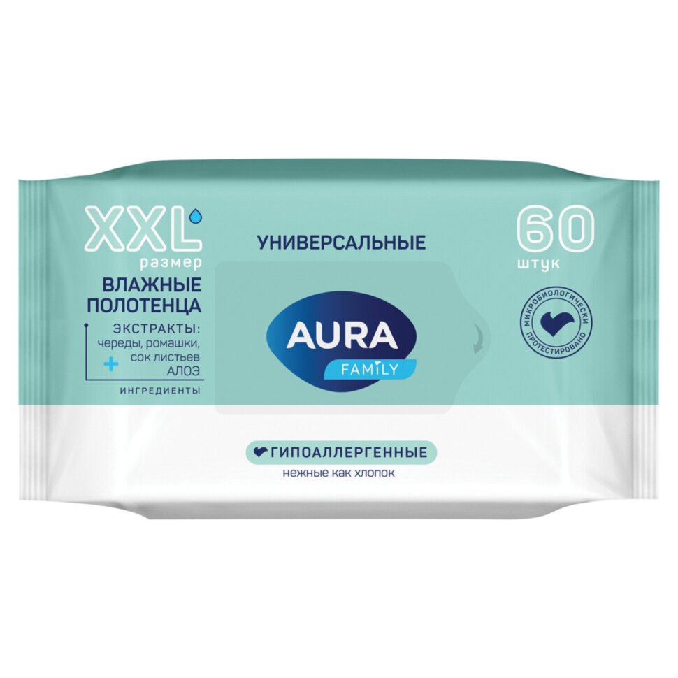 Полотенца влажные 60 шт., XXL, AURA "Family", универсальные, 14403, 117682