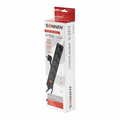 Сетевой фильтр SONNEN U-3515, 5 розеток, с заземлением, выключатель, 10 А, 5 м, черный, 513490, 513490
