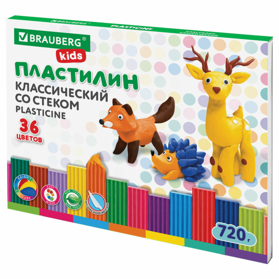 Пластилин классический BRAUBERG KIDS, 36 цветов, 720 г, стек, ВЫСШЕЕ КАЧЕСТВО, 106438, 106438