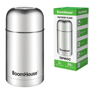 Термос 1 л для еды/напитков с широким горлом, BOOMHOUSE (БУМХАУС) WIDE, нержавеющая сталь SUS304, серебристый, 700320, 700320