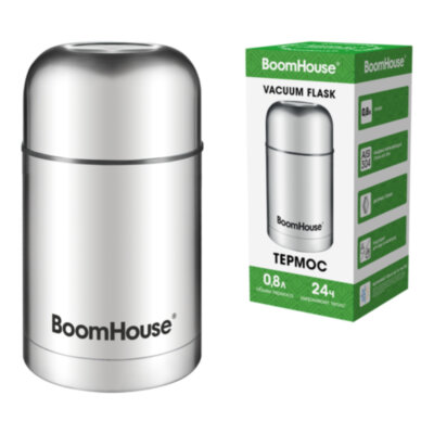 Термос 0,8 л для еды/напитков с широким горлом, BOOMHOUSE (БУМХАУС) WIDE, нержавеющая сталь SUS304, серебристый, 700319, 700319