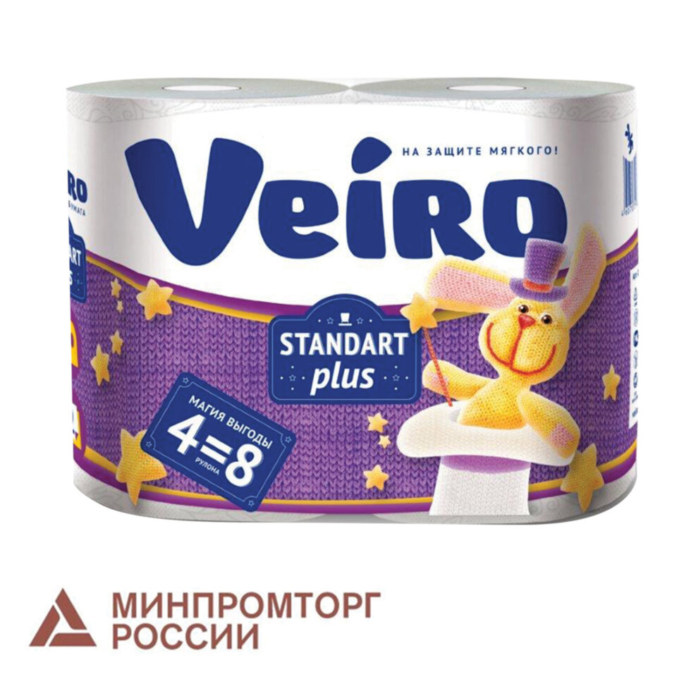 Бумага туалетная бытовая, спайка 4 шт., 2-х слойная (4х29,5 м), VEIRO Standart Plus, белая, 3с24, 128028