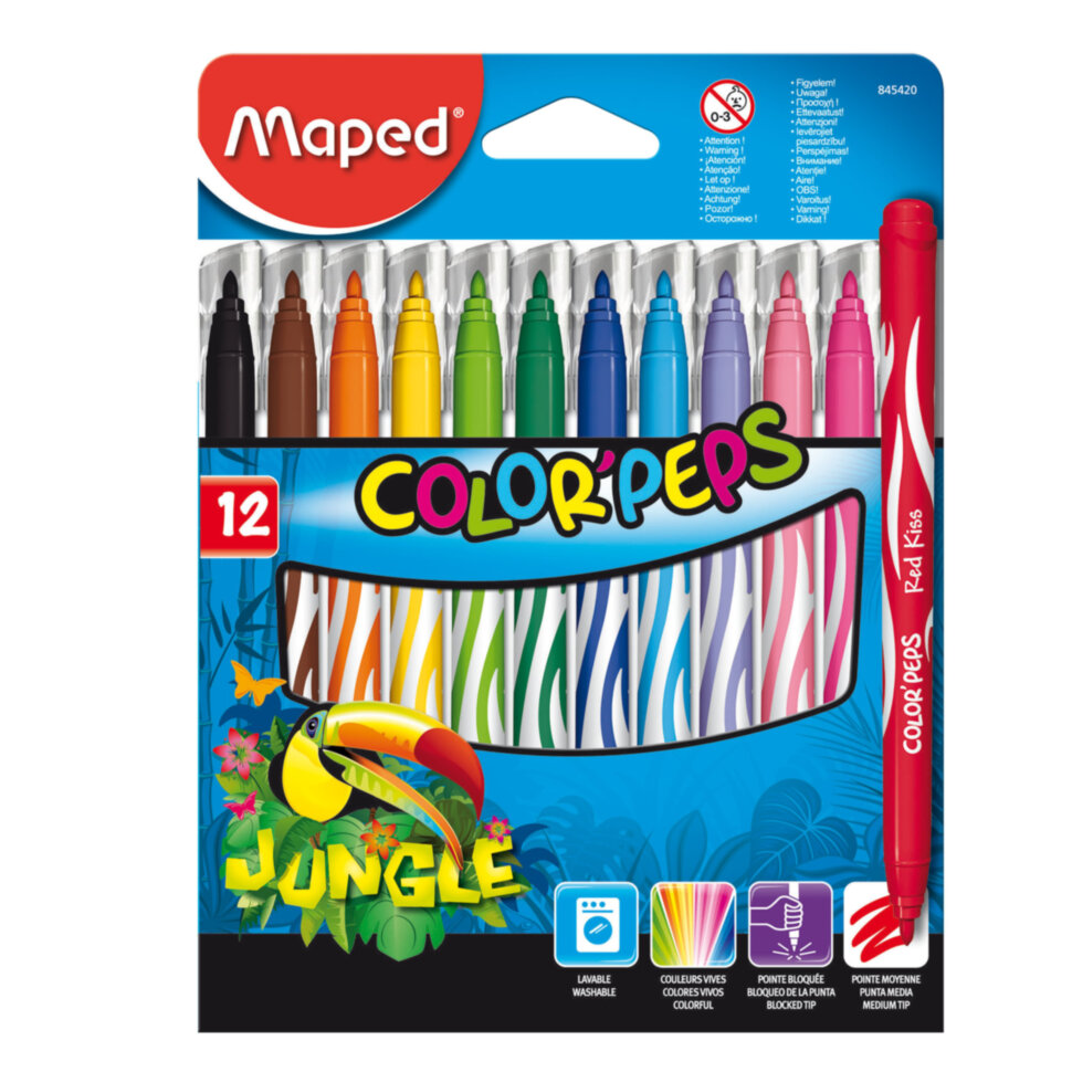 Фломастеры MAPED (Франция) "Color'Peps Jungle", 12 цветов, смываемые, вентилируемый колпачок, 845420, 150760