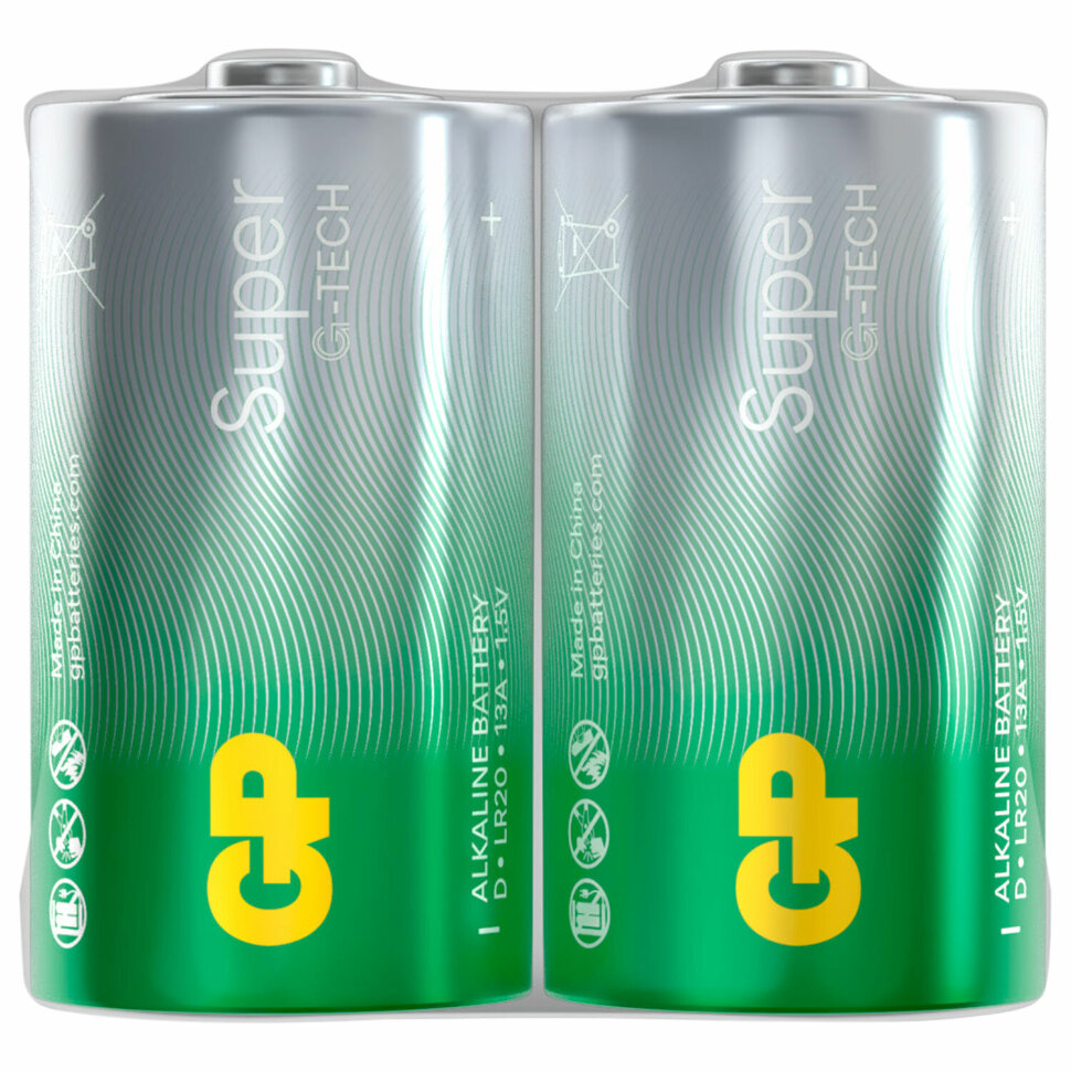 Батарейки КОМПЛЕКТ 2 шт., GP Super G-Tech, D (LR20, 13А), алкалиновые, в пленке, 13A-OS2, 456685