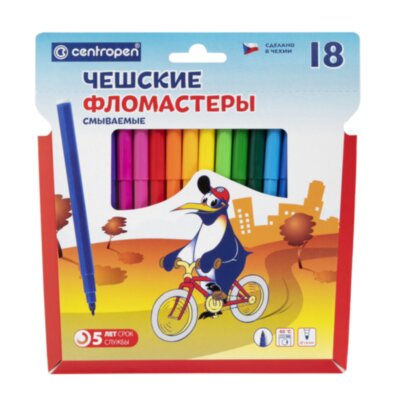 Фломастеры 18 ЦВЕТОВ CENTROPEN "Пингвины", смываемые, вентилируемый колпачок, 7790/18ET, 7 7790 1886, 150057