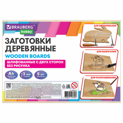 Заготовки для творчества, деревянные, без рисунков, 5 шт., 21х30 см, BRAUBERG HOBBY, 665313, 665313