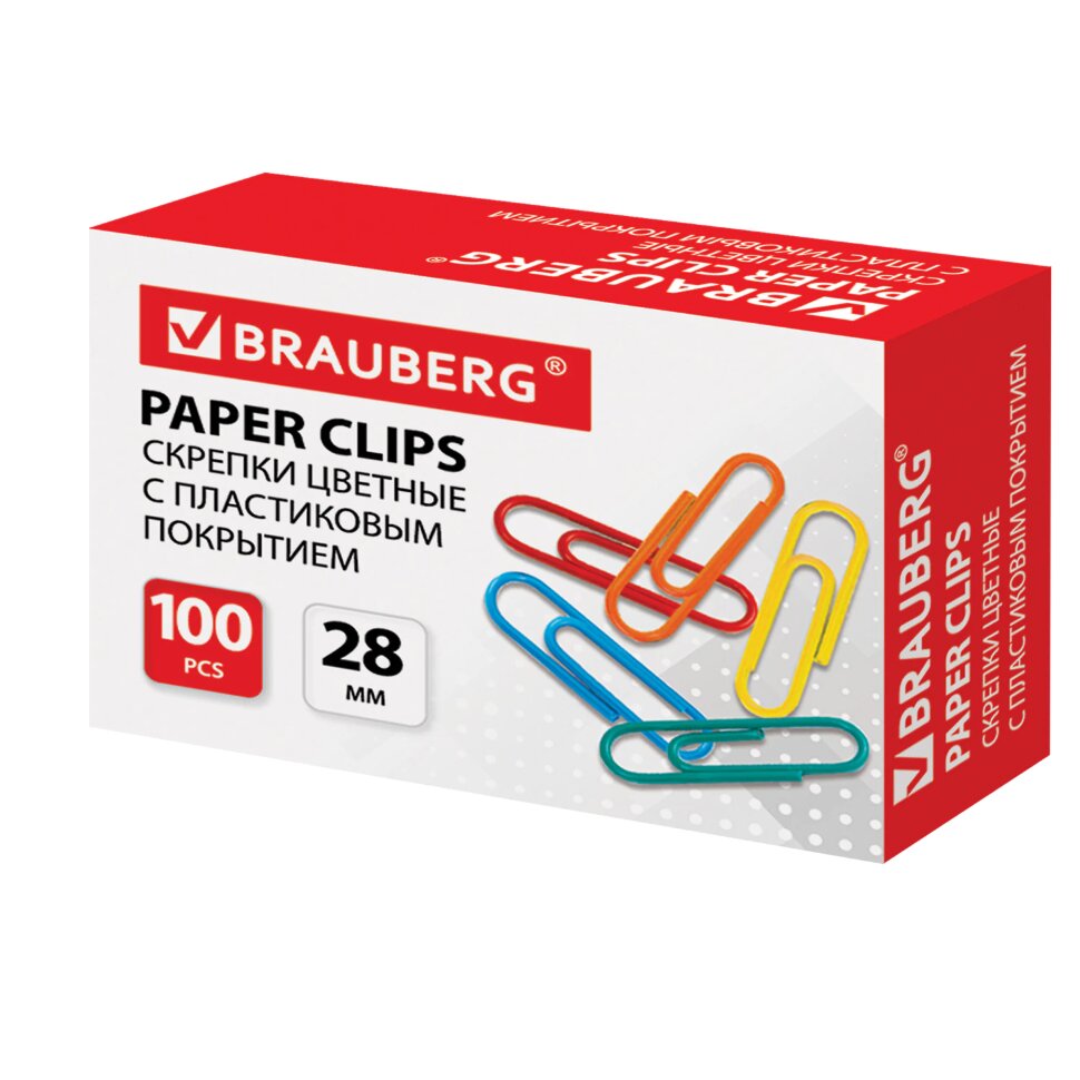 Скрепки BRAUBERG, 28 мм, цветные, 100 шт., в картонной коробке, Россия, 220555, 220555