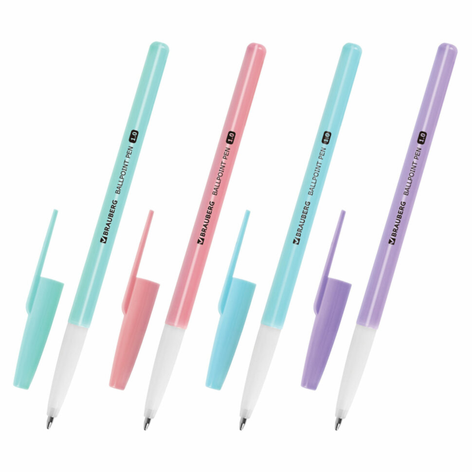 Ручка шариковая BRAUBERG "Офисная" PASTEL COLOR, СИНЯЯ, корпус ассорти, пишущий узел 1 мм, линия письма 0,5 мм, 144199, 100 штук, 144199