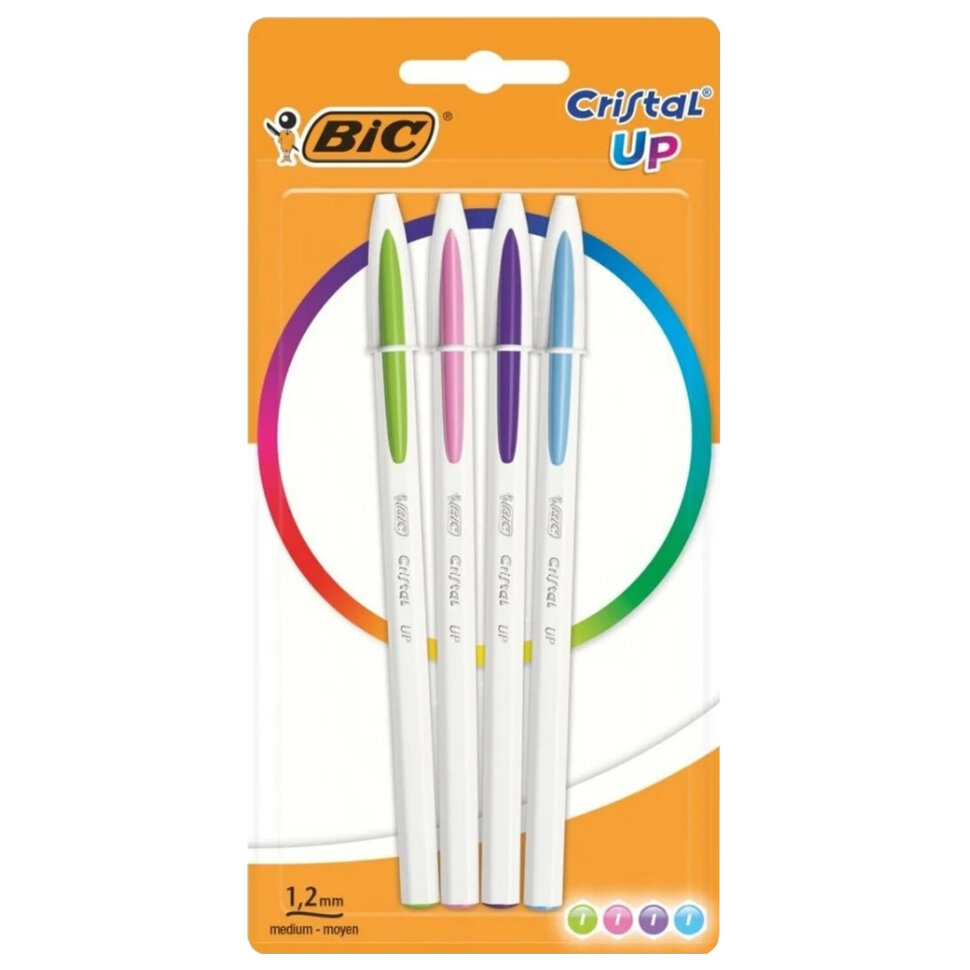 Ручки шариковые BIC "Cristal Up Fun", НАБОР 4 ЦВЕТА (салатовый, розовый, фиолетовый, голубой), узел 1 мм, линия 0,32 мм, блистер, 949870, 143974