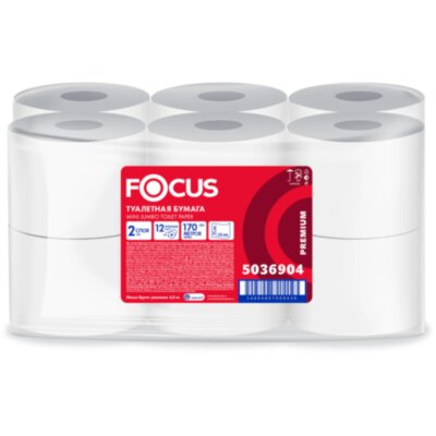 Бумага туалетная 170 м, FOCUS (Система Т2) mini Jumbo, 2-слойная, цвет белый, КОМПЛЕКТ 12 рулонов, 5036904, 112145