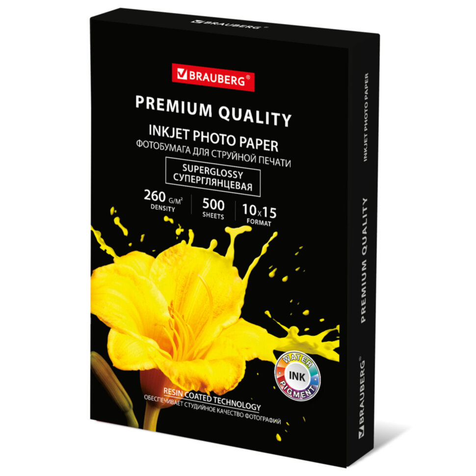 Фотобумага PREMIUM суперглянцевая, 10х15 см, 260 г/м2, односторонняя, 500 листов, BRAUBERG, 364000, 364000