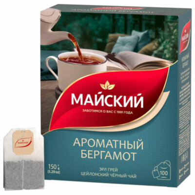 Чай МАЙСКИЙ "Ароматный бергамот" черный цейлонский байховый, 100 пакетиков по 1,5 г, 102627, 624179