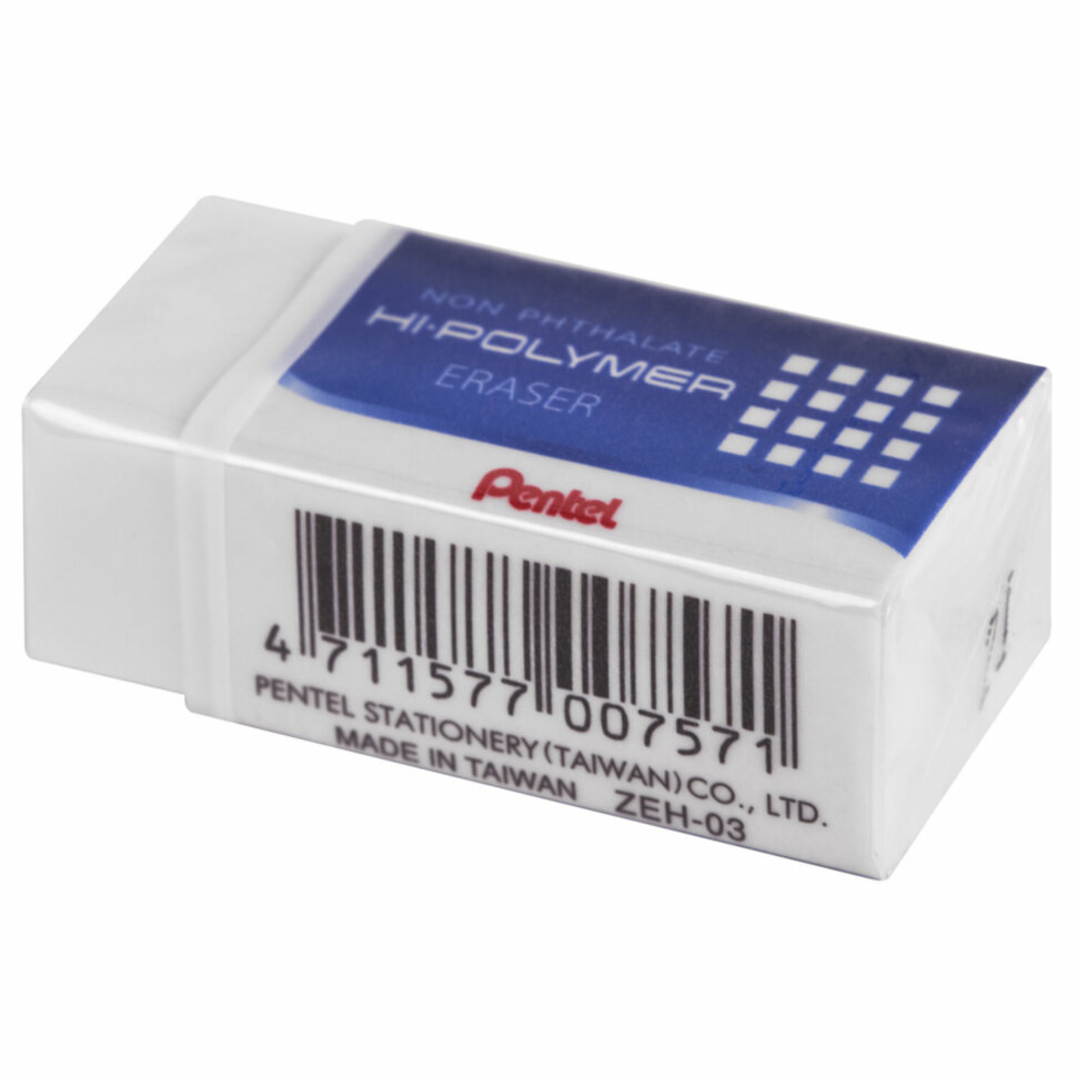 Ластик PENTEL (Япония) "HI-POLYMER ERASER", 35х16х11,5 мм, белый, прямоугольный, картонный держатель, ZEH-03, 227180