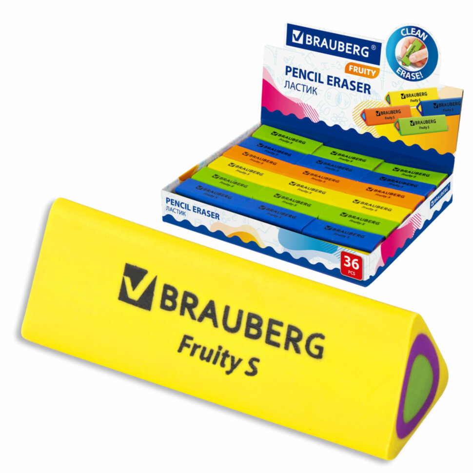 Ластик BRAUBERG "Fruity S", 44х15х15 мм, цвет ассорти, треугольный, 228713, 228713