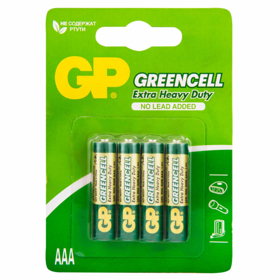 Батарейки КОМПЛЕКТ 4 шт., GP GreenCell AAA (R03, 24G), солевые, мизинчиковые, блистер, 24G-2CR4, 457753