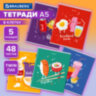 Тетради КОМПЛЕКТ 5 шт. А5, 48 л., BRAUBERG скоба, клетка, TWIN лак, "Funny Food", 404397, 404397