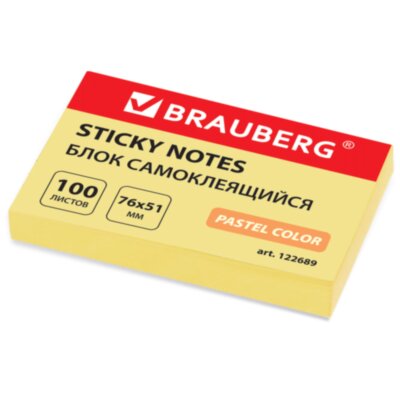 Блок самоклеящийся (стикеры) BRAUBERG, ПАСТЕЛЬНЫЙ, 76х51 мм, 100 листов, желтый, 122689, 36 штук, 122689