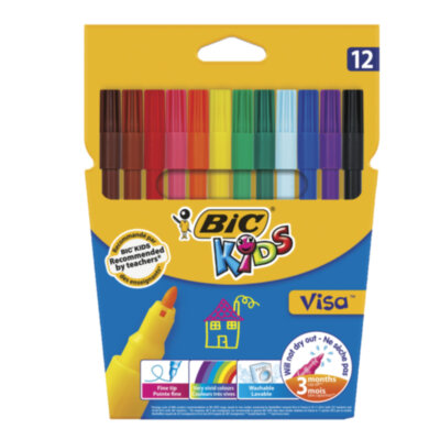 Фломастеры BIC "Kids Visa", 12 ЦВЕТОВ, суперсмываемые, вентилируемый колпачок, европодвес, 889695, 888695, 150357