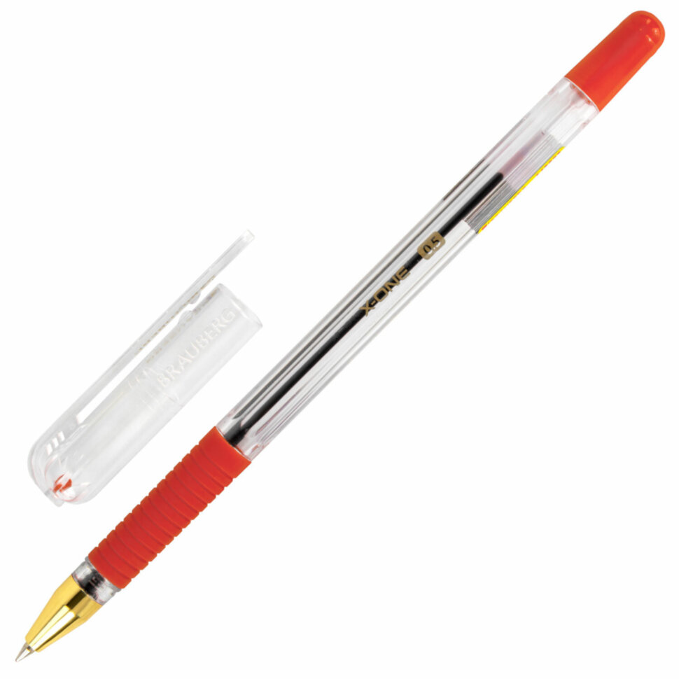 Ручка шариковая с грипом BRAUBERG "X-ONE", КРАСНАЯ, корпус прозрачный, узел 0,5 мм, линия письма 0,35 мм, 143989, 36 штук, 143989